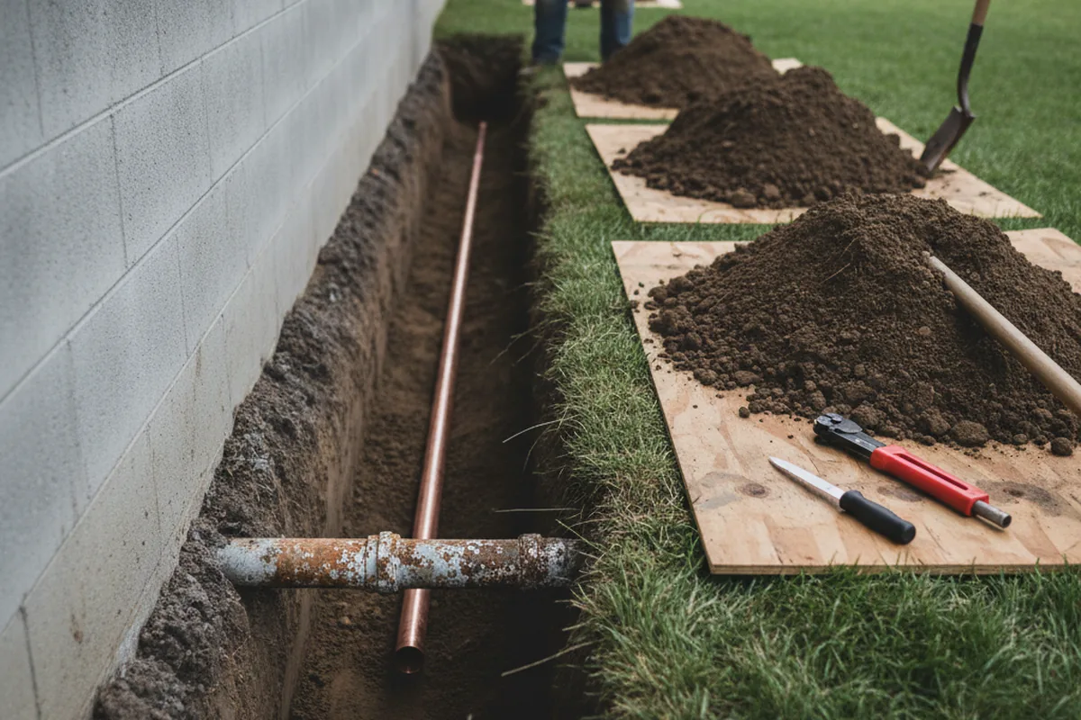 Excavated water line trench during Sewer Line Repair in Neola